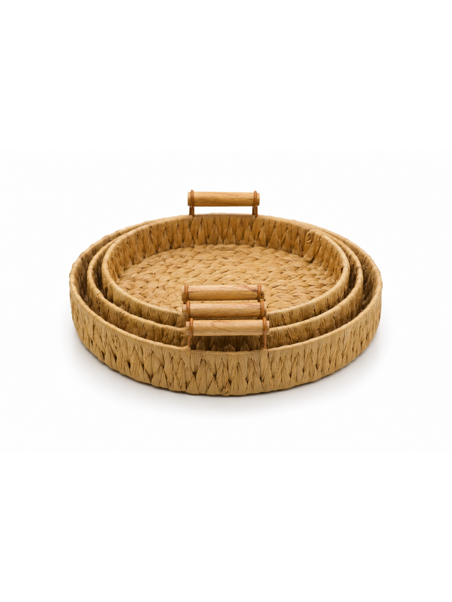 Round Woven Water Hyacinth Tray Set