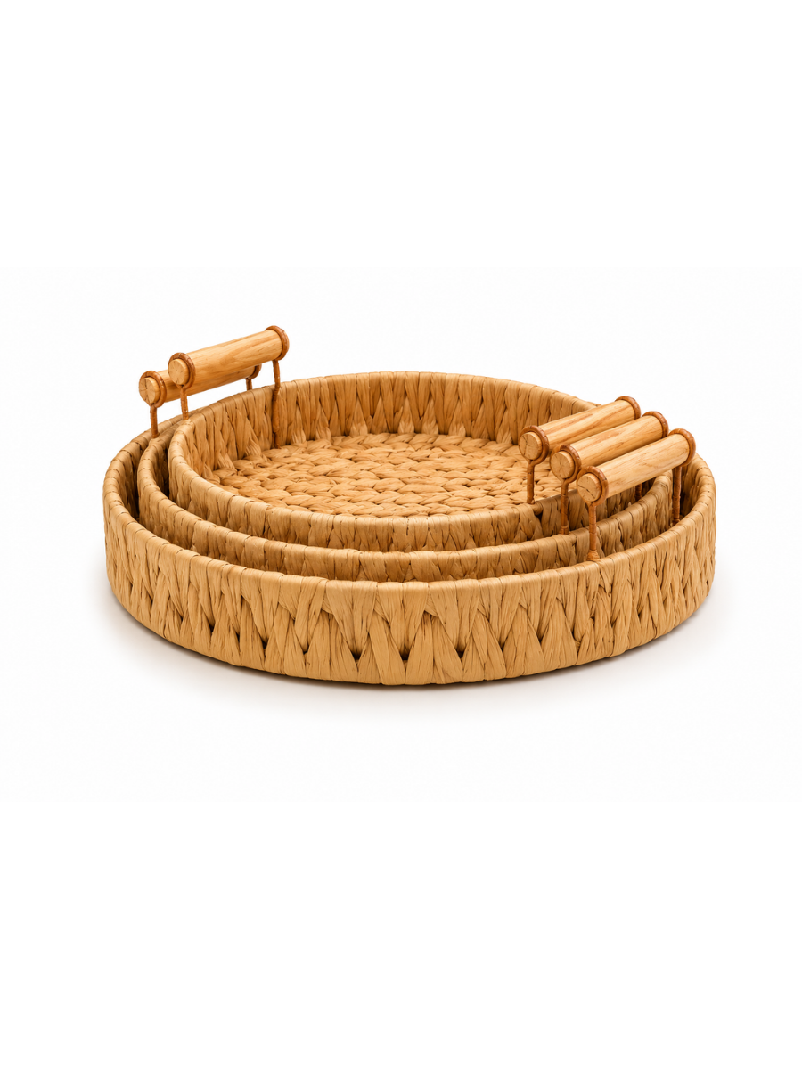 Round Woven Water Hyacinth Tray Set