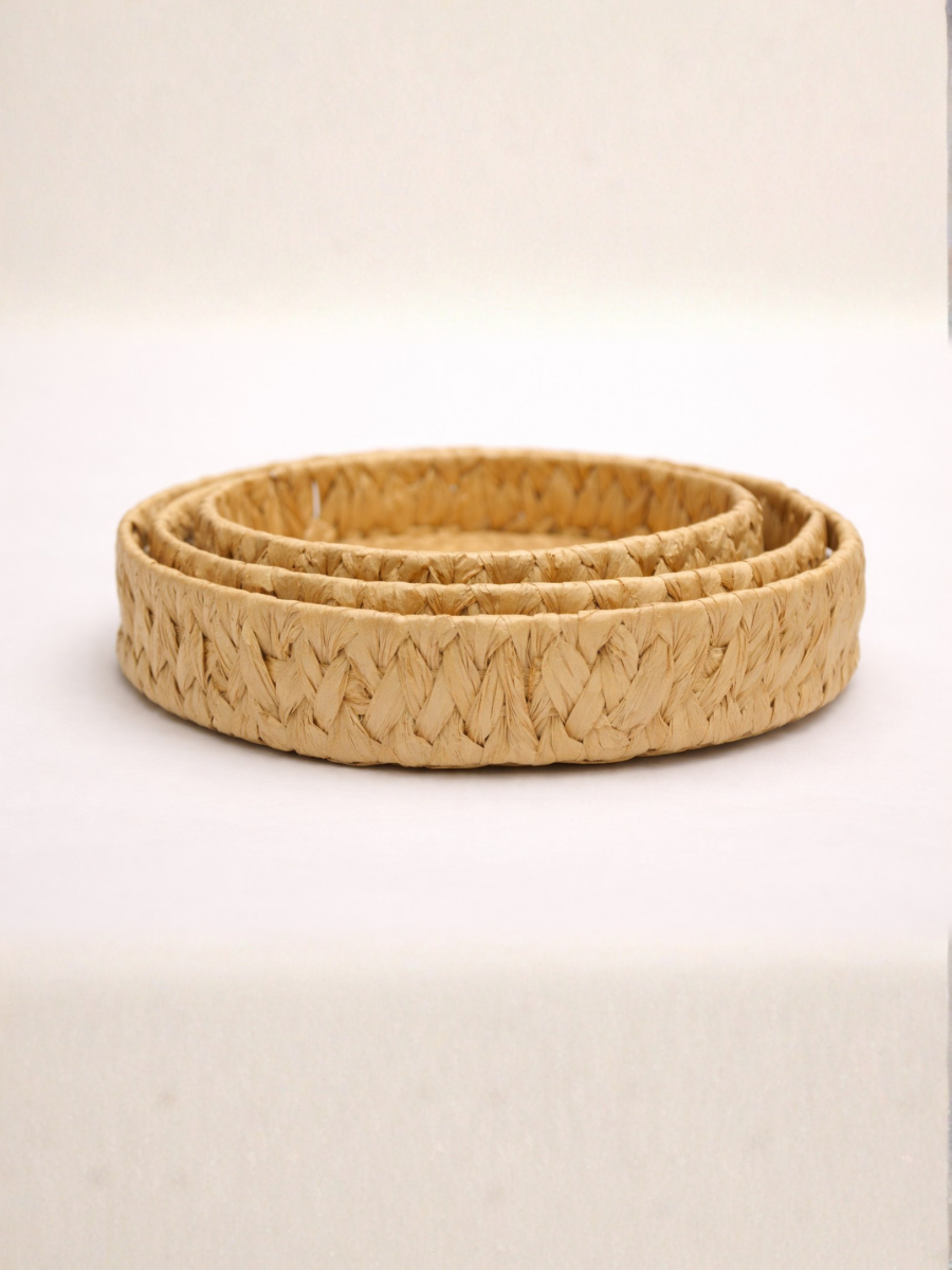 Set of 3 Handwoven Water Hyacinth Round Wicker Trays