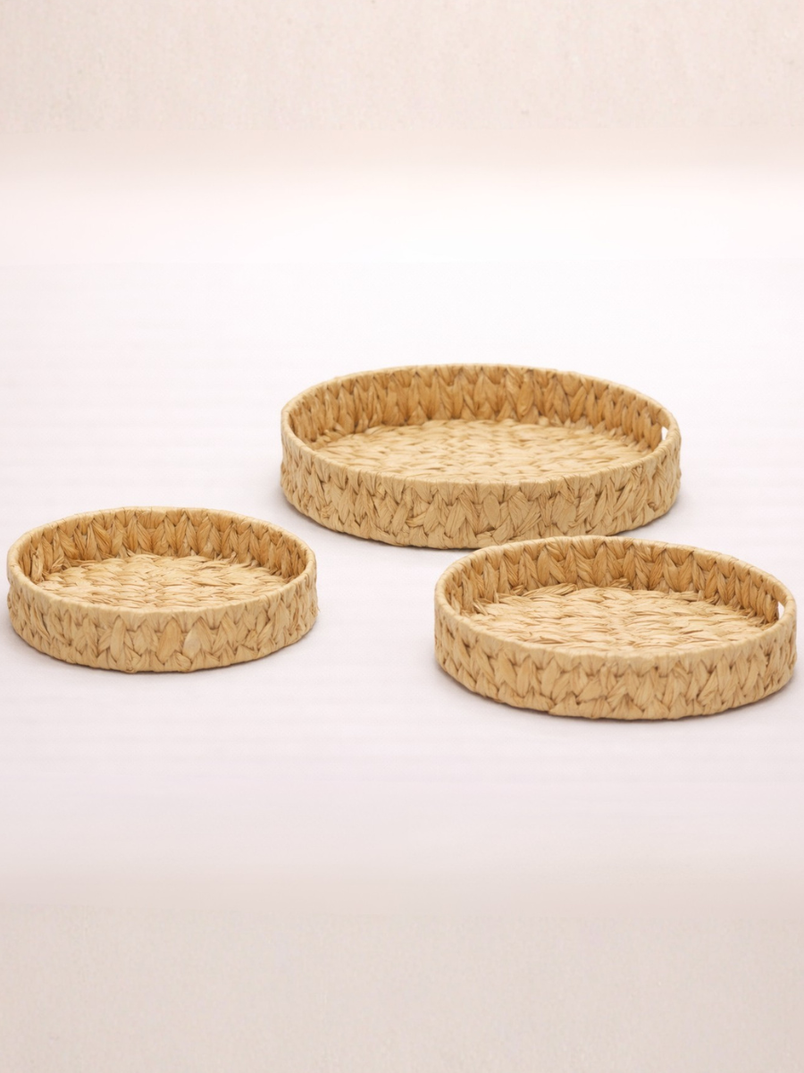 Set of 3 Handwoven Water Hyacinth Round Wicker Trays