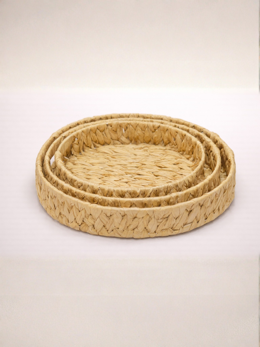 Set of 3 Handwoven Water Hyacinth Round Wicker Trays