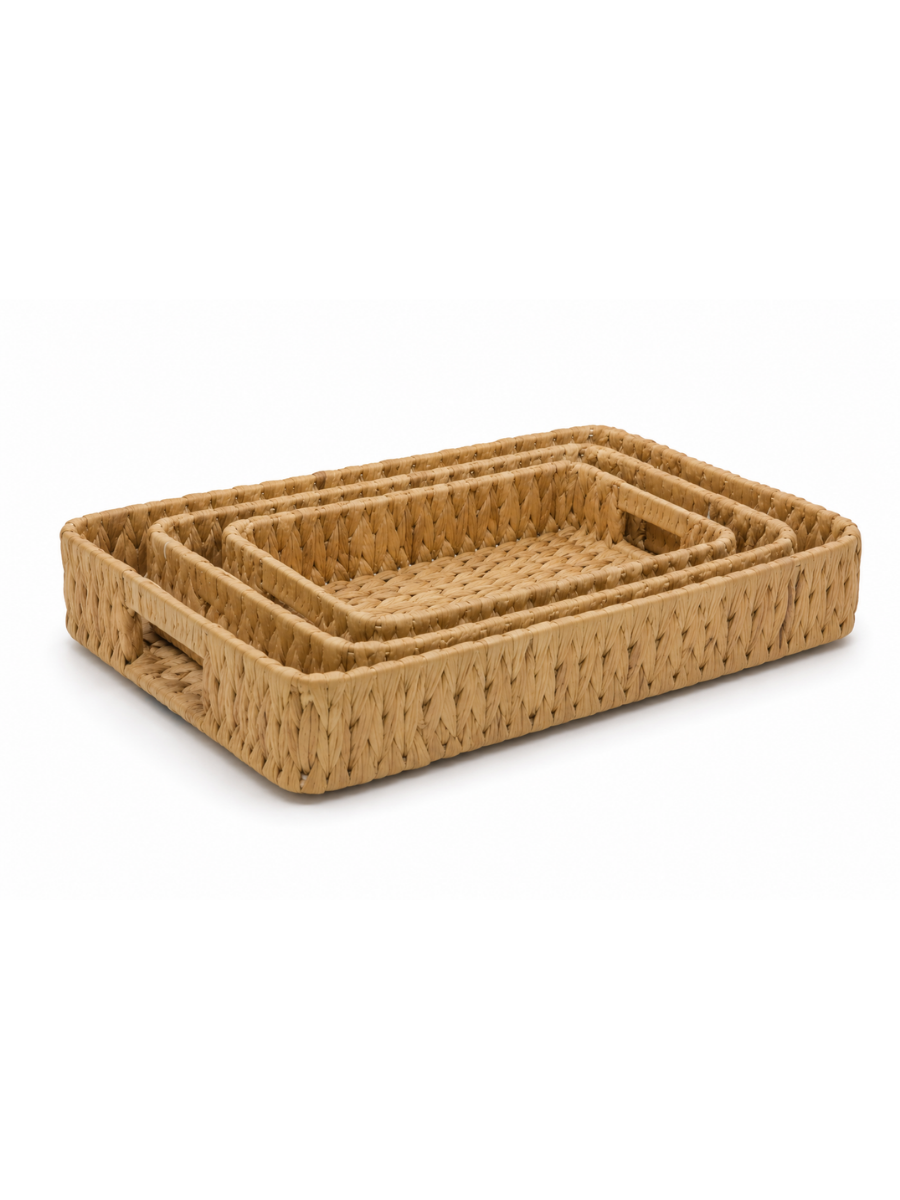 Set of 3 Handwoven Water Hyacinth Serving Trays with Cut-Out Handles — Small, Medium & Large