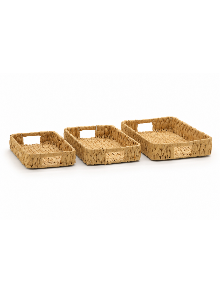 Set of 3 Handwoven Paper Serving Trays with Cut-Out Handles — Small, Medium & Large