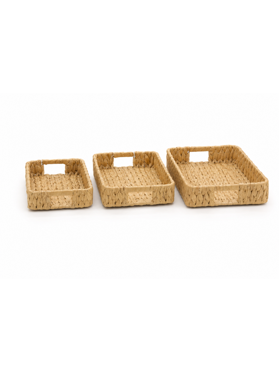 Set of 3 Handwoven Paper Serving Trays with Cut-Out Handles — Small, Medium & Large