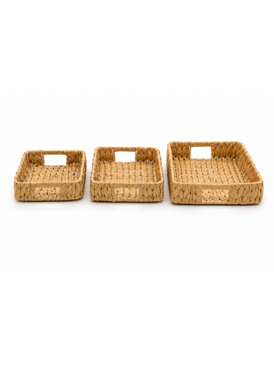 Set of 3 Handwoven Paper Serving Trays with Cut-Out Handles — Small, Medium & Large