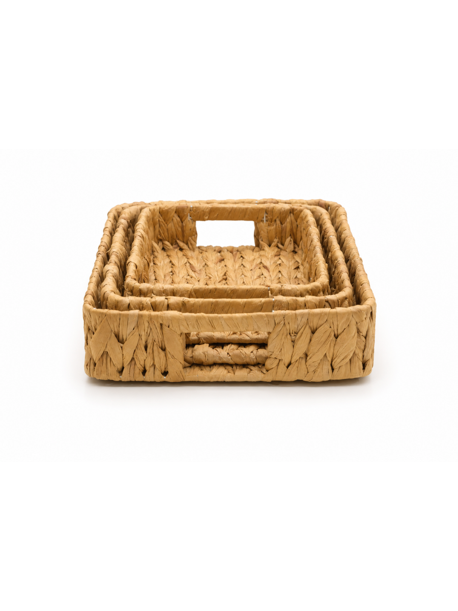 Set of 3 Handwoven Water Hyacinth Serving Trays with Cut-Out Handles — Small, Medium & Large