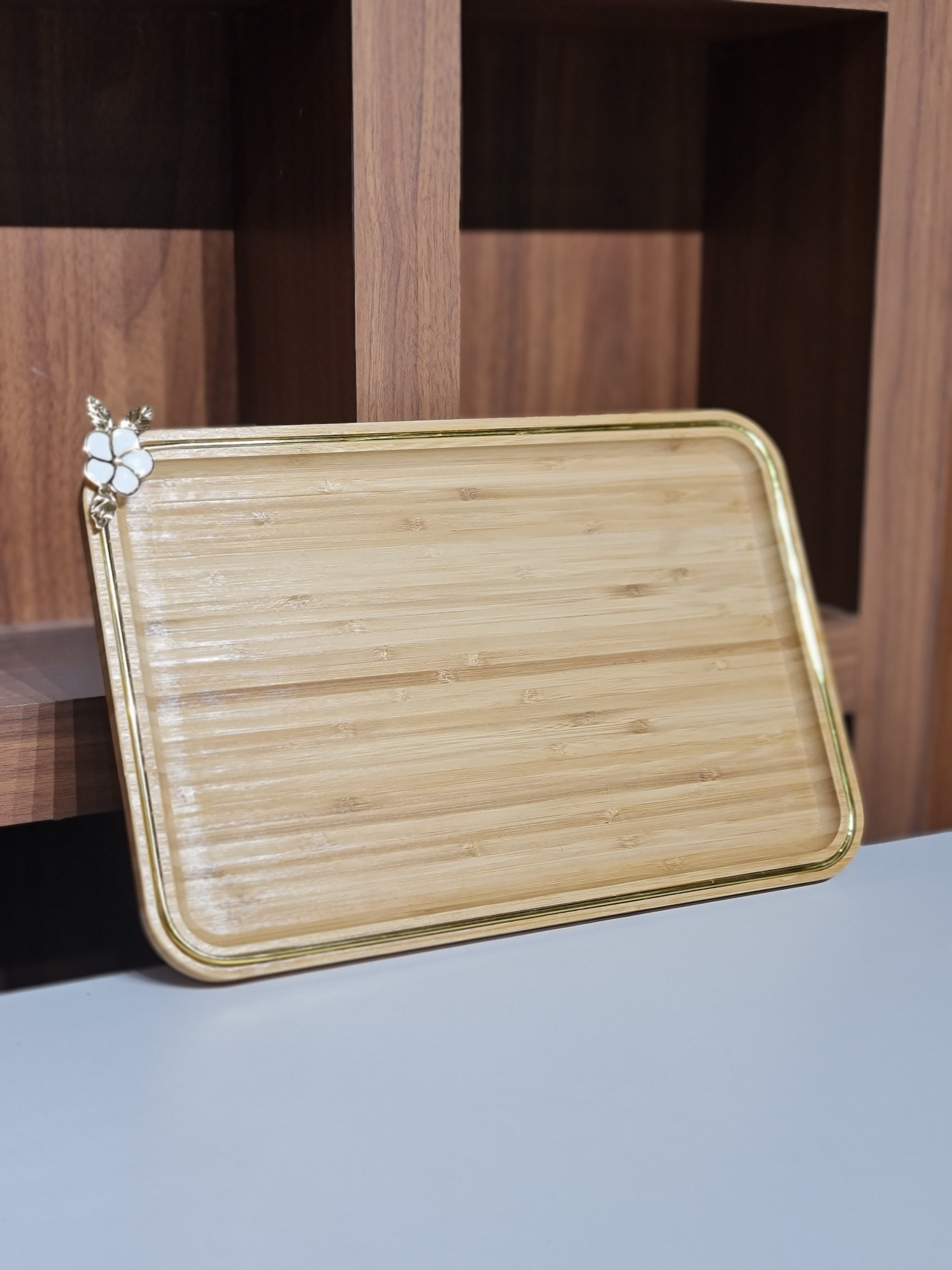 Natural Bamboo Serving Tray with Gold Rim - Rectangular Wooden Breakfast & Vanity Tray