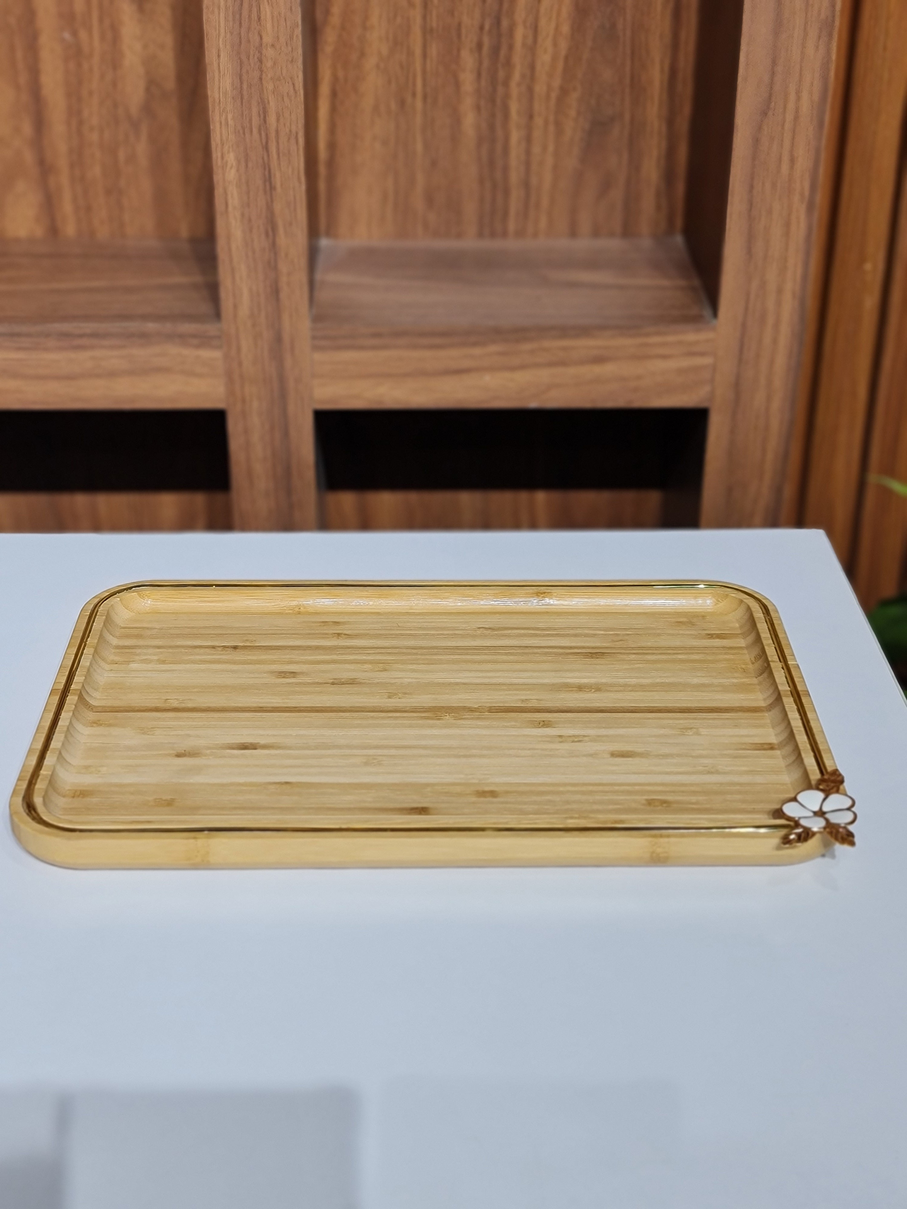 Natural Bamboo Serving Tray with Gold Rim - Rectangular Wooden Breakfast & Vanity Tray