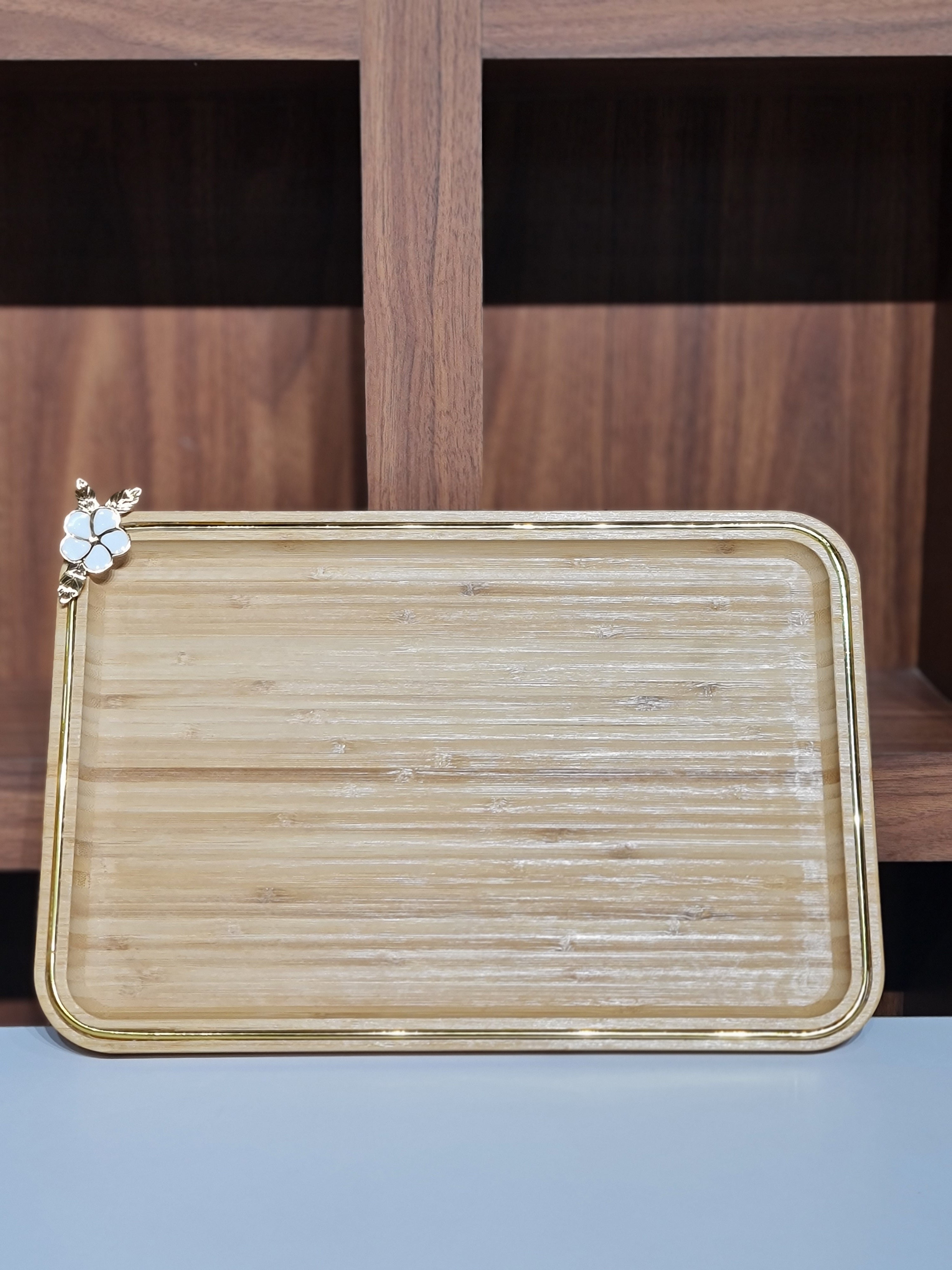 Natural Bamboo Serving Tray with Gold Rim - Rectangular Wooden Breakfast & Vanity Tray