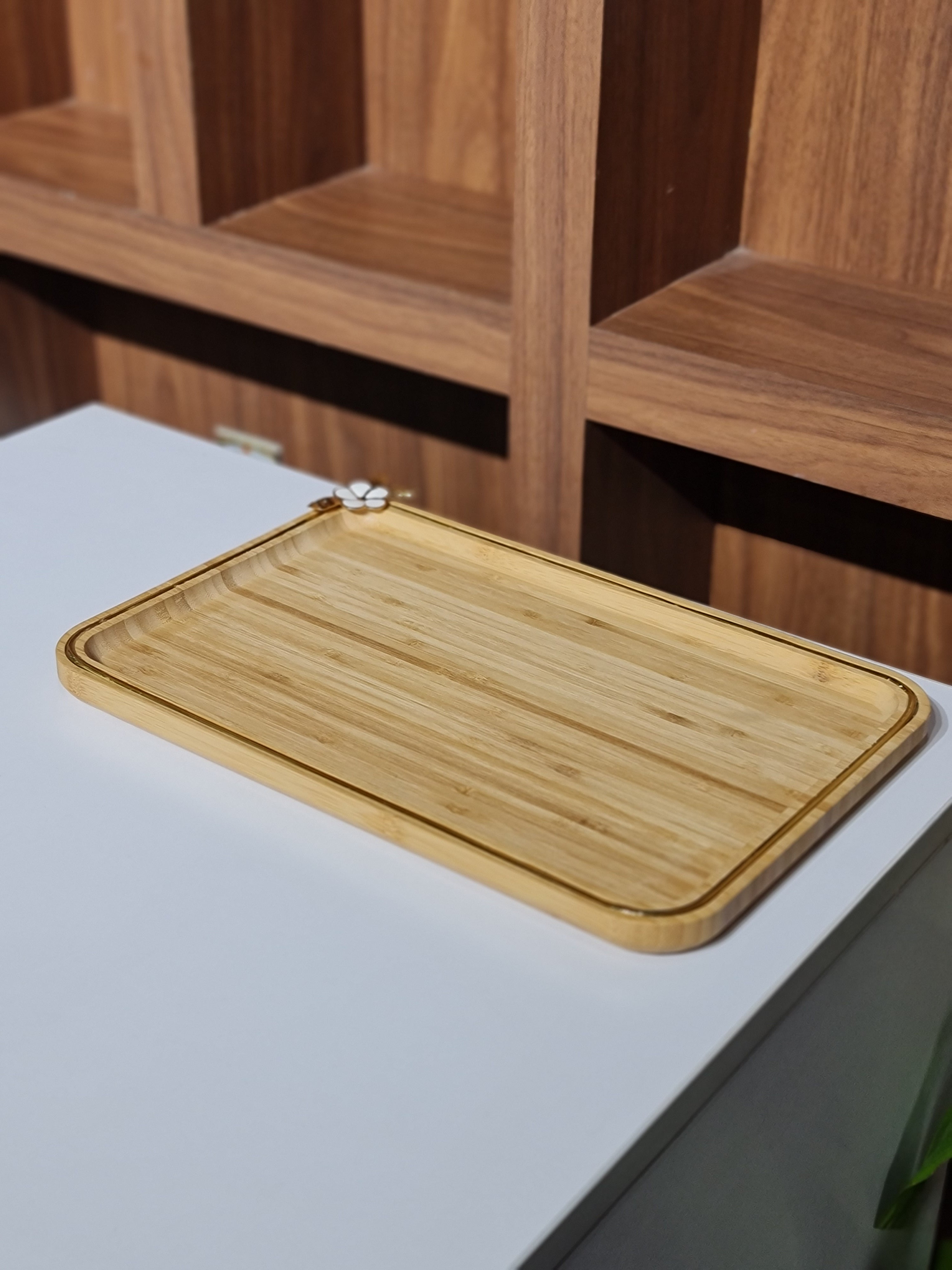 Natural Bamboo Serving Tray with Gold Rim - Rectangular Wooden Breakfast & Vanity Tray