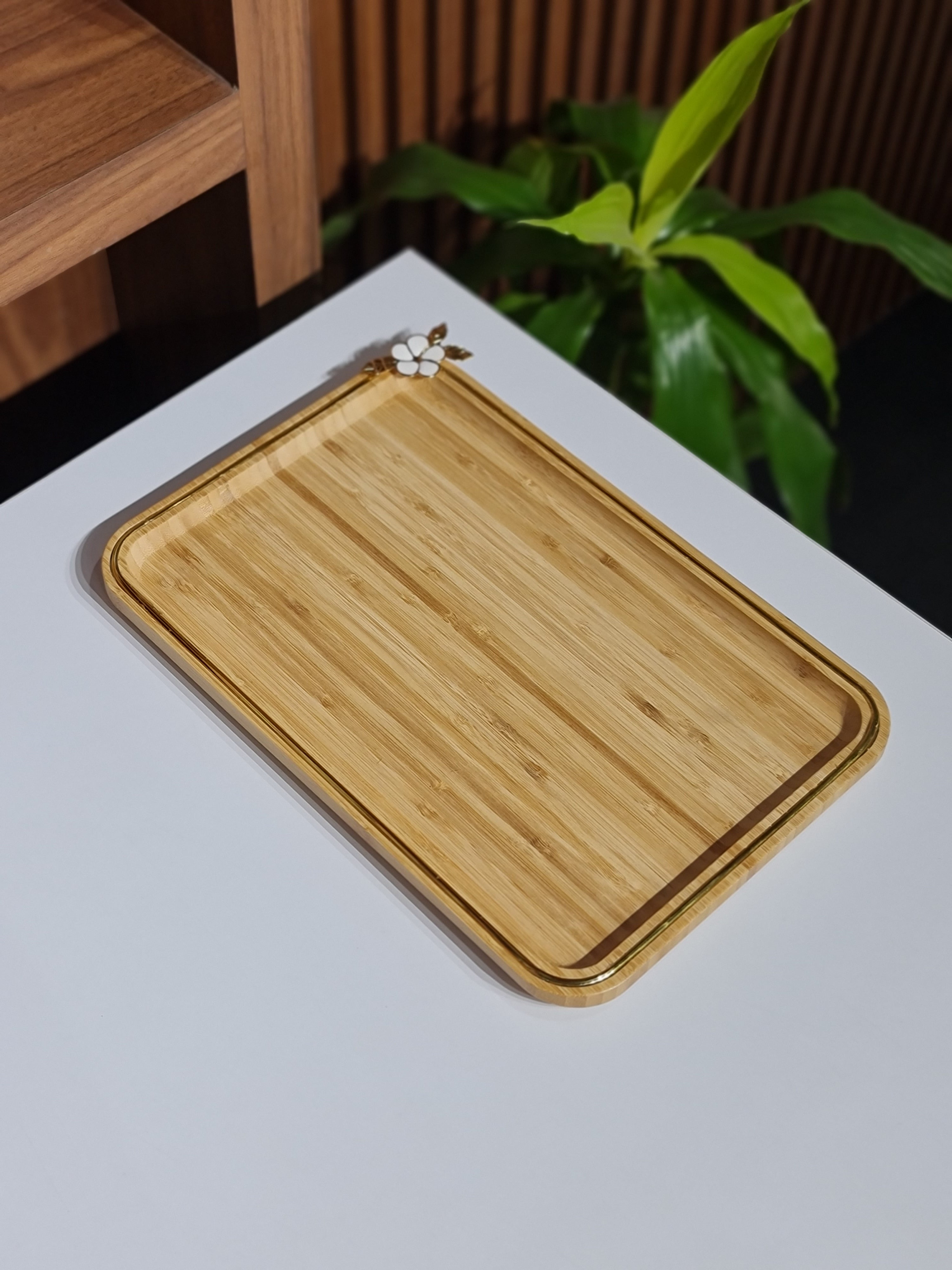 Natural Bamboo Serving Tray with Gold Rim - Rectangular Wooden Breakfast & Vanity Tray