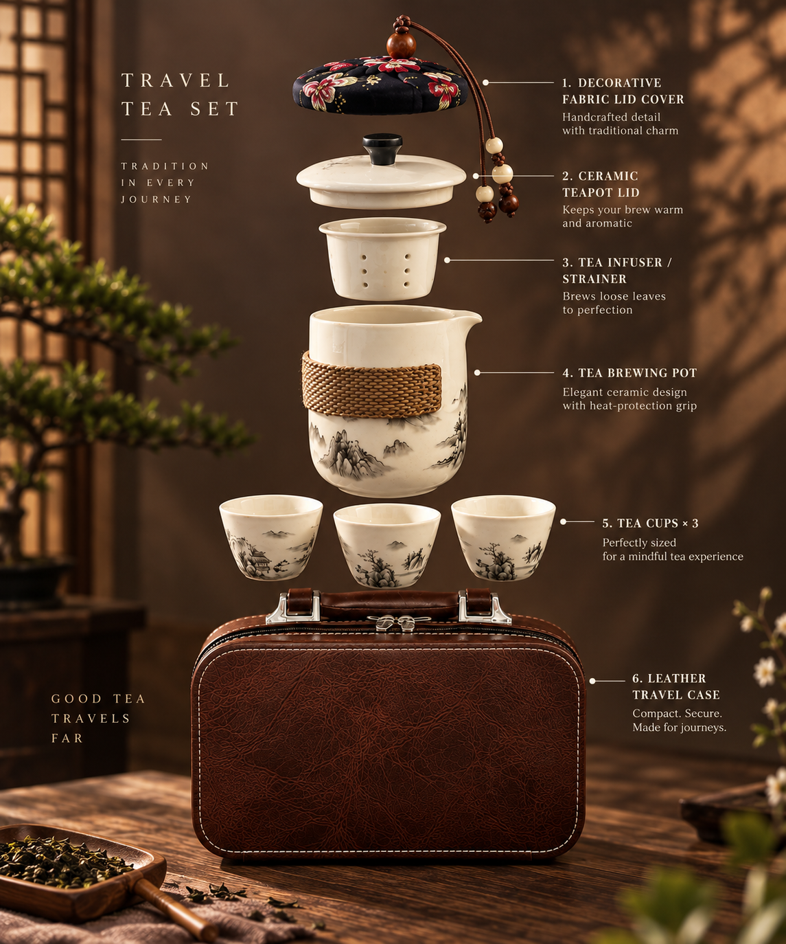 Ink-Wash Ceramic Travel Tea Set with Rattan Grip & Leather Case