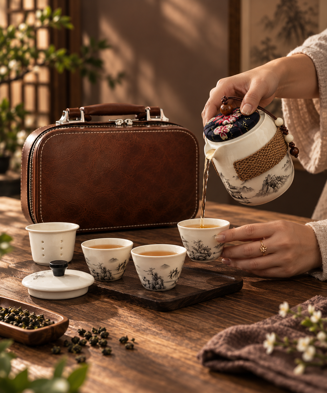 Ink-Wash Ceramic Travel Tea Set with Rattan Grip & Leather Case