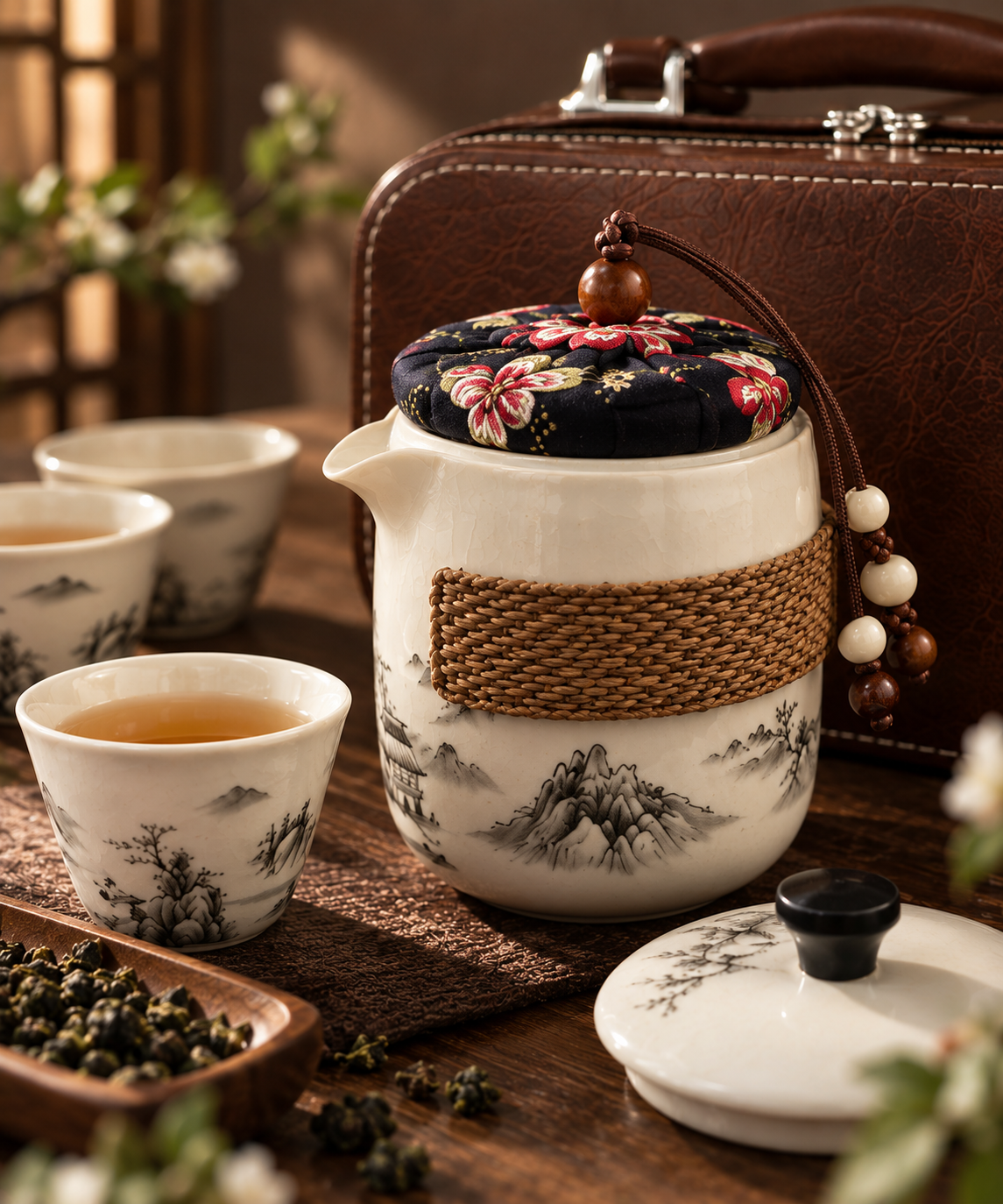 Ink-Wash Ceramic Travel Tea Set with Rattan Grip & Leather Case