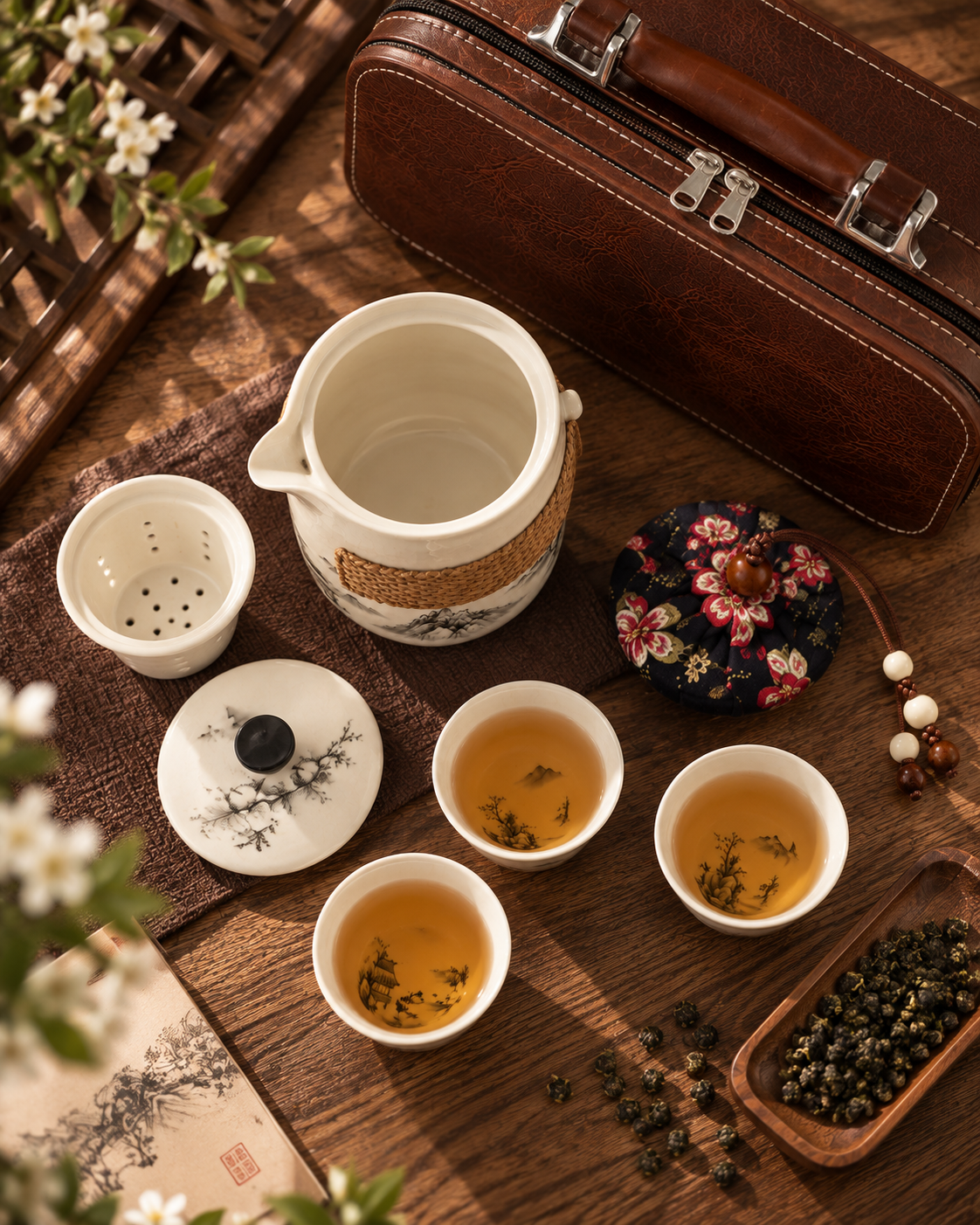 Ink-Wash Ceramic Travel Tea Set with Rattan Grip & Leather Case