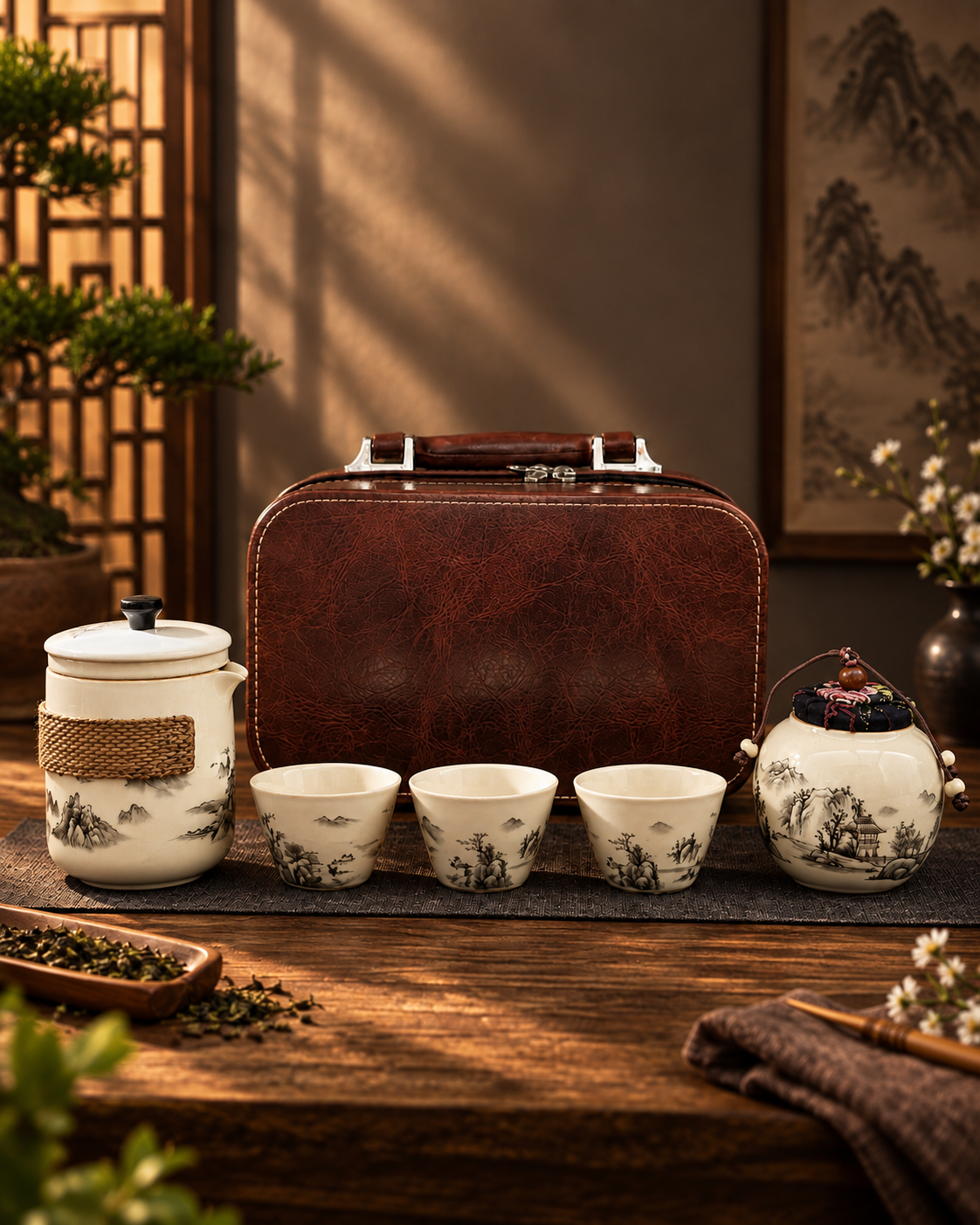 Ink-Wash Ceramic Travel Tea Set with Rattan Grip & Leather Case