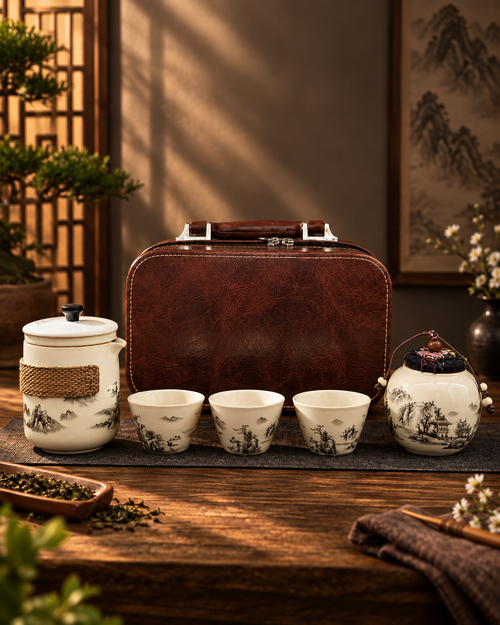 Ink-Wash Ceramic Travel Tea Set with Rattan Grip & Leather Case