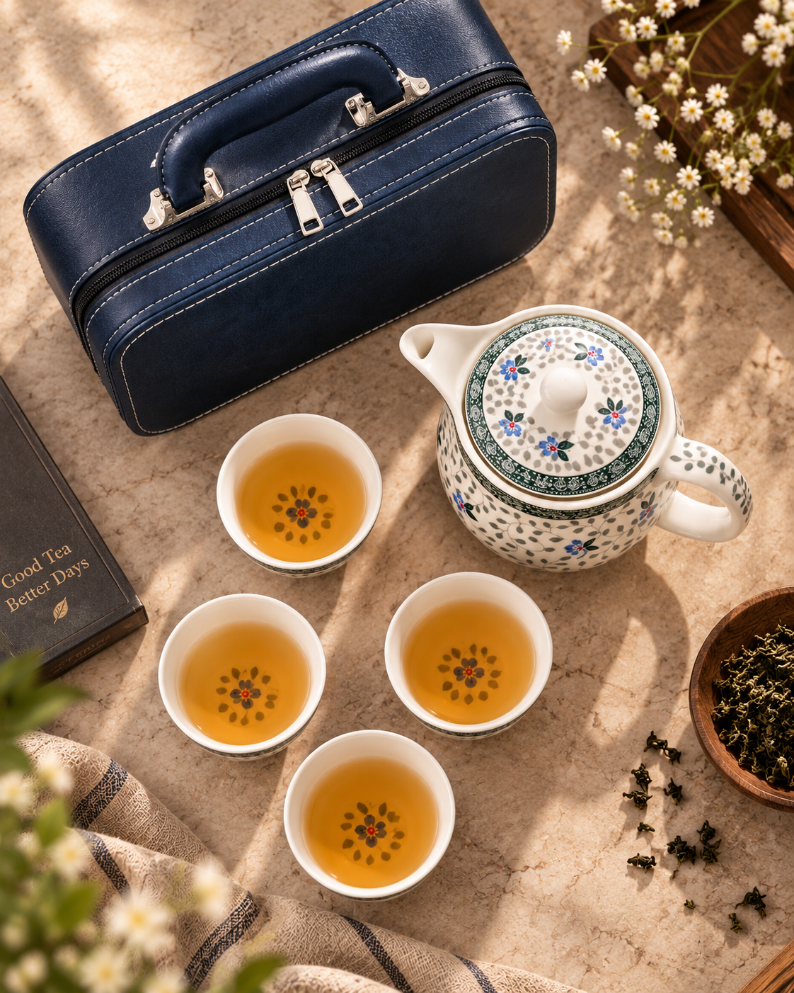 Floral Porcelain Travel Tea Set with Navy Leather Case – 6 Pc