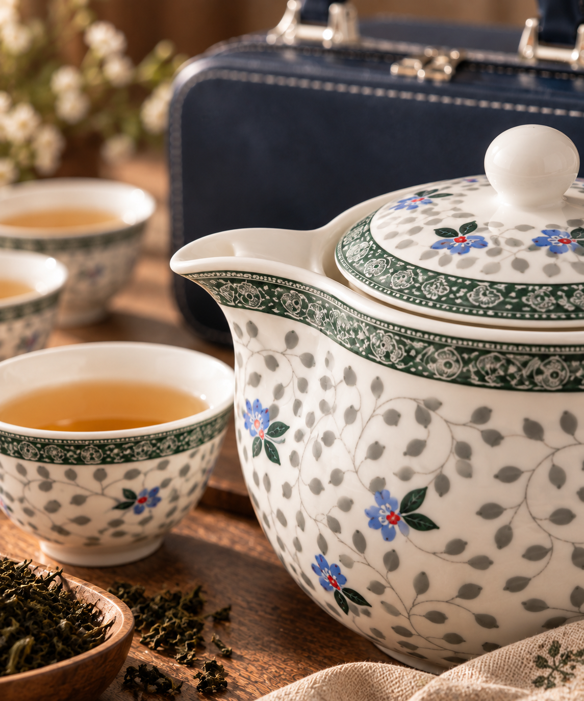 Floral Porcelain Travel Tea Set with Navy Leather Case – 6 Pc