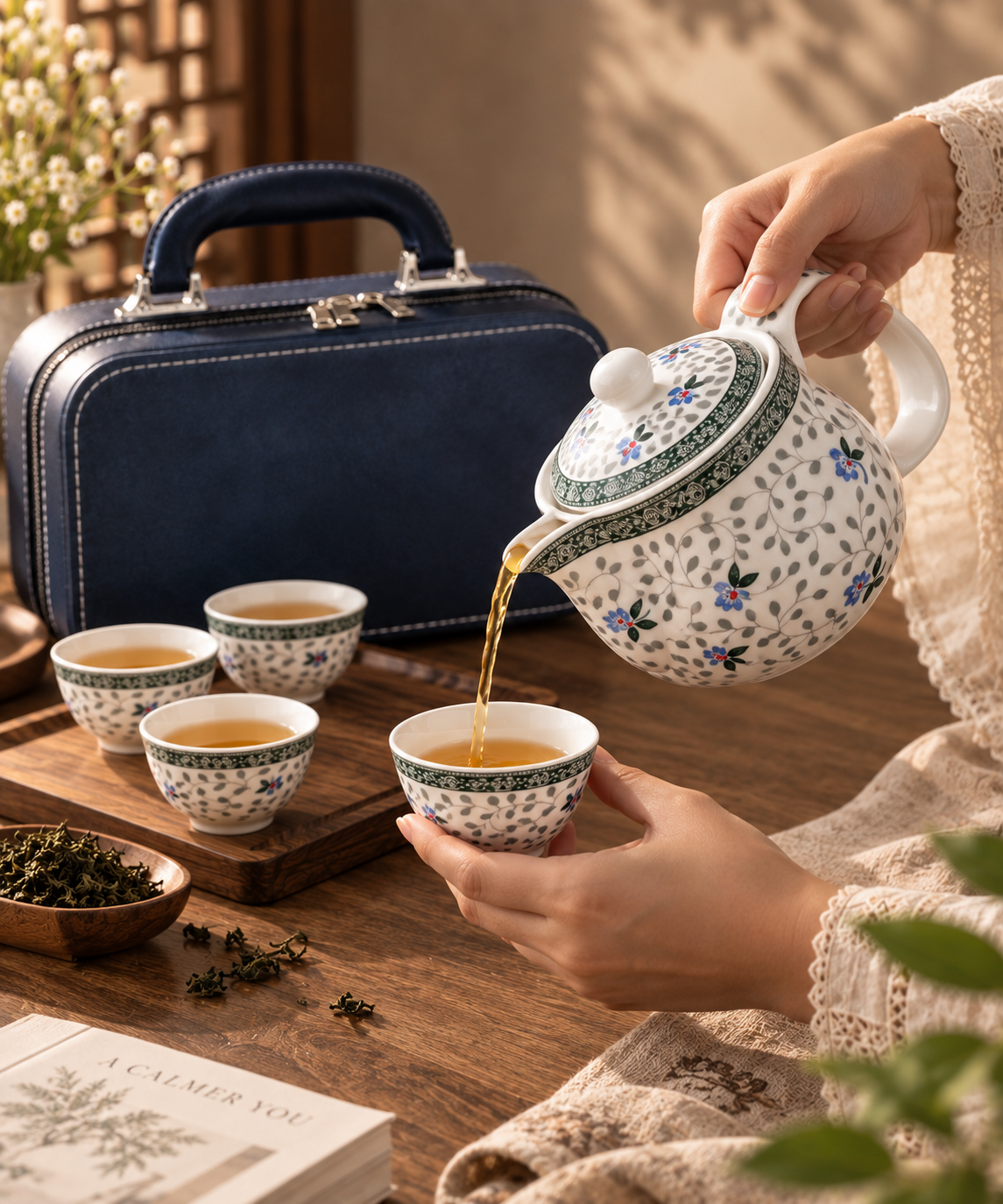 Floral Porcelain Travel Tea Set with Navy Leather Case – 6 Pc
