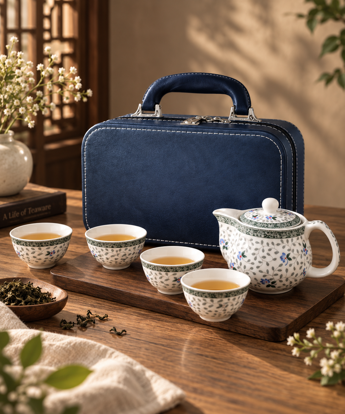 Floral Porcelain Travel Tea Set with Navy Leather Case – 6 Pc
