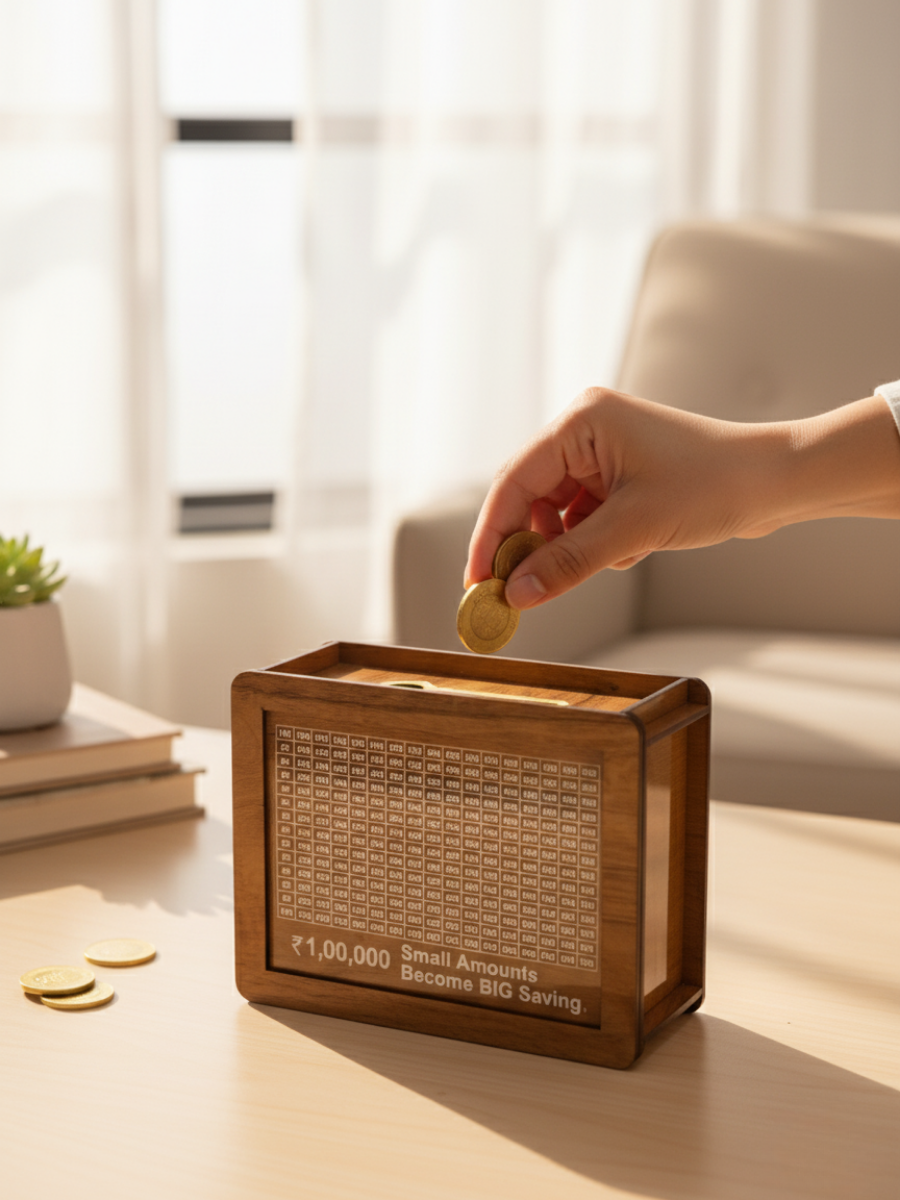 Wooden Savings Box with Clear Grid Tracker