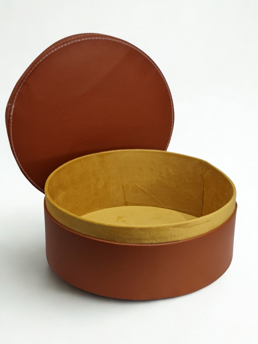 Cognac Round Multi-Purpose Storage Box with Lid - Faux Leather Finish