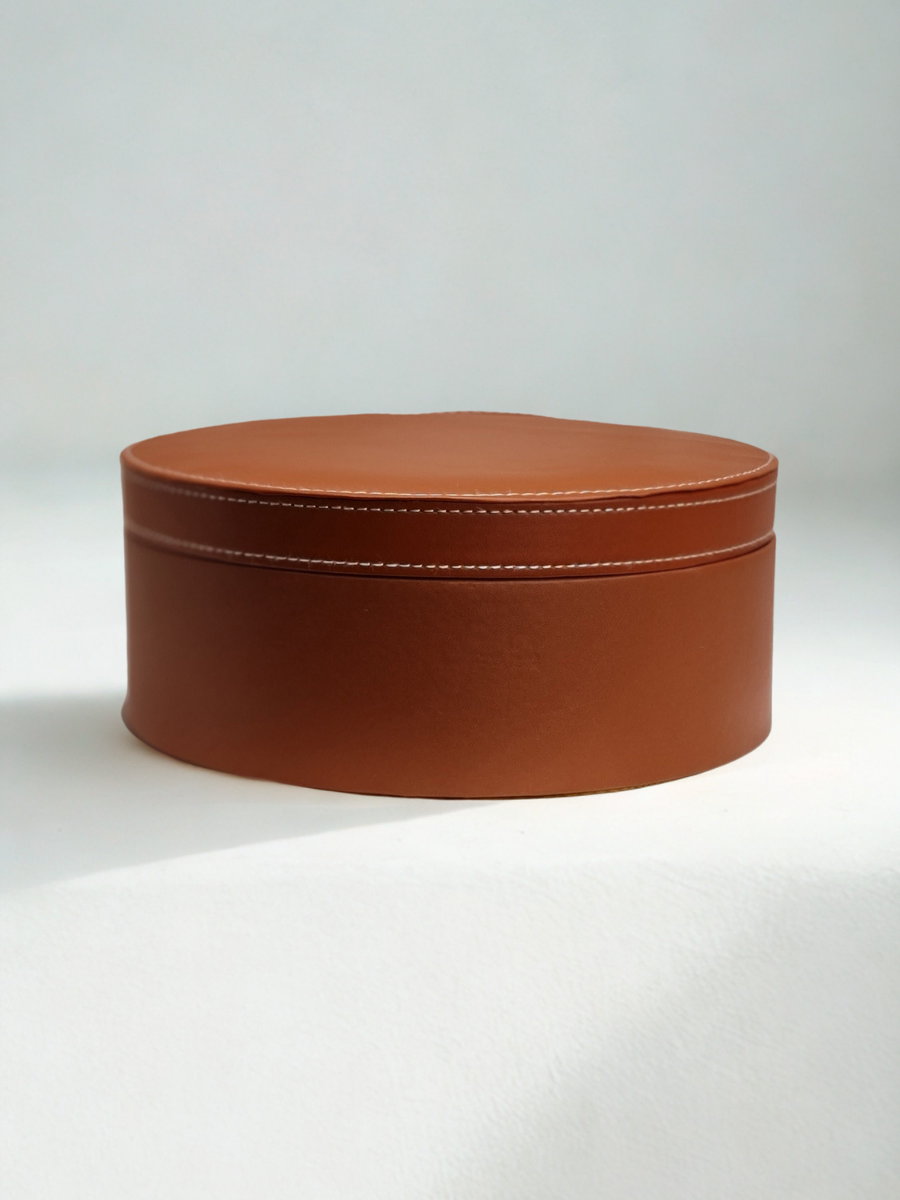 Cognac Round Multi-Purpose Storage Box with Lid - Faux Leather Finish
