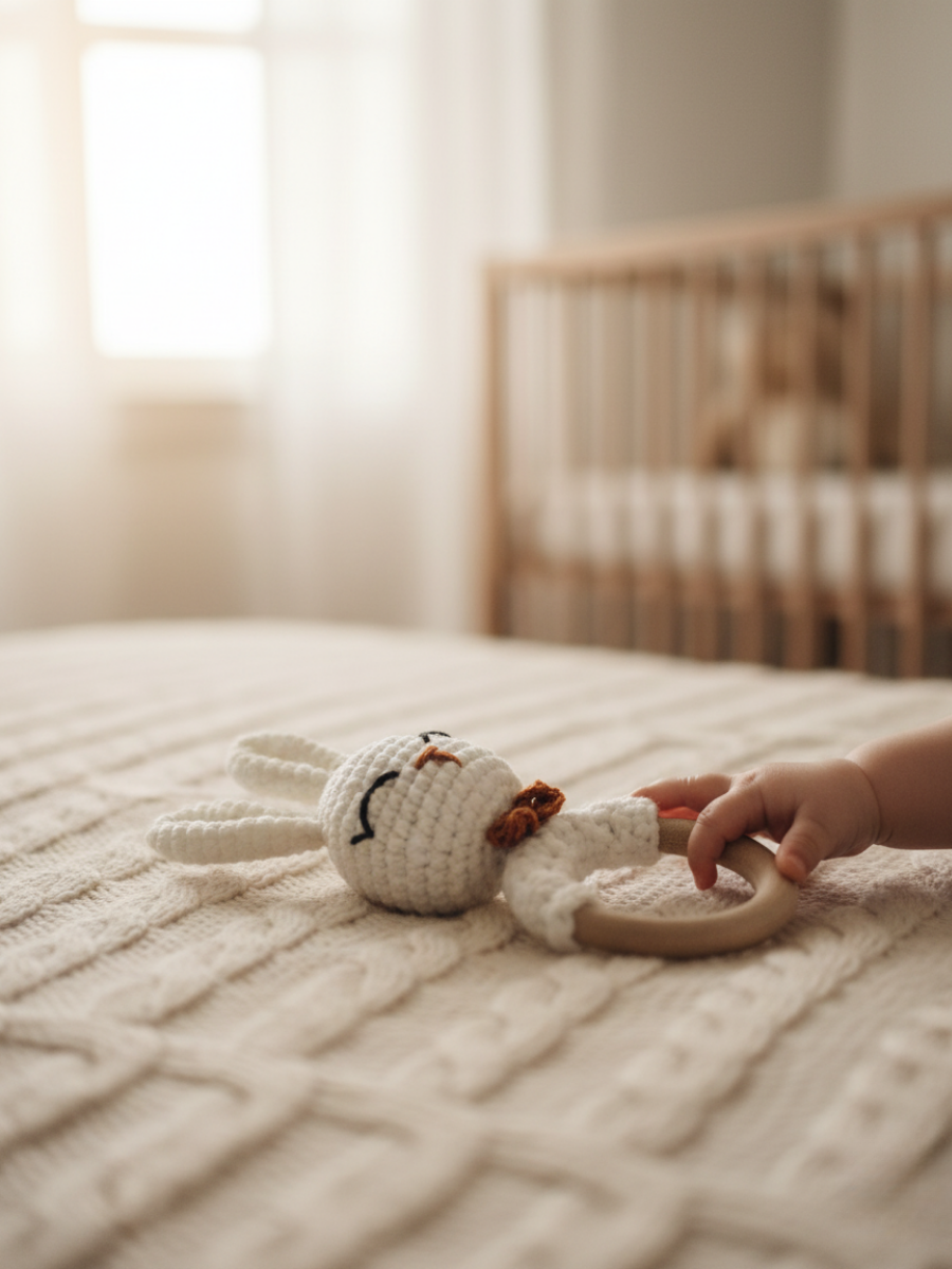 White Hand-Crocheted Bunny Baby Rattle