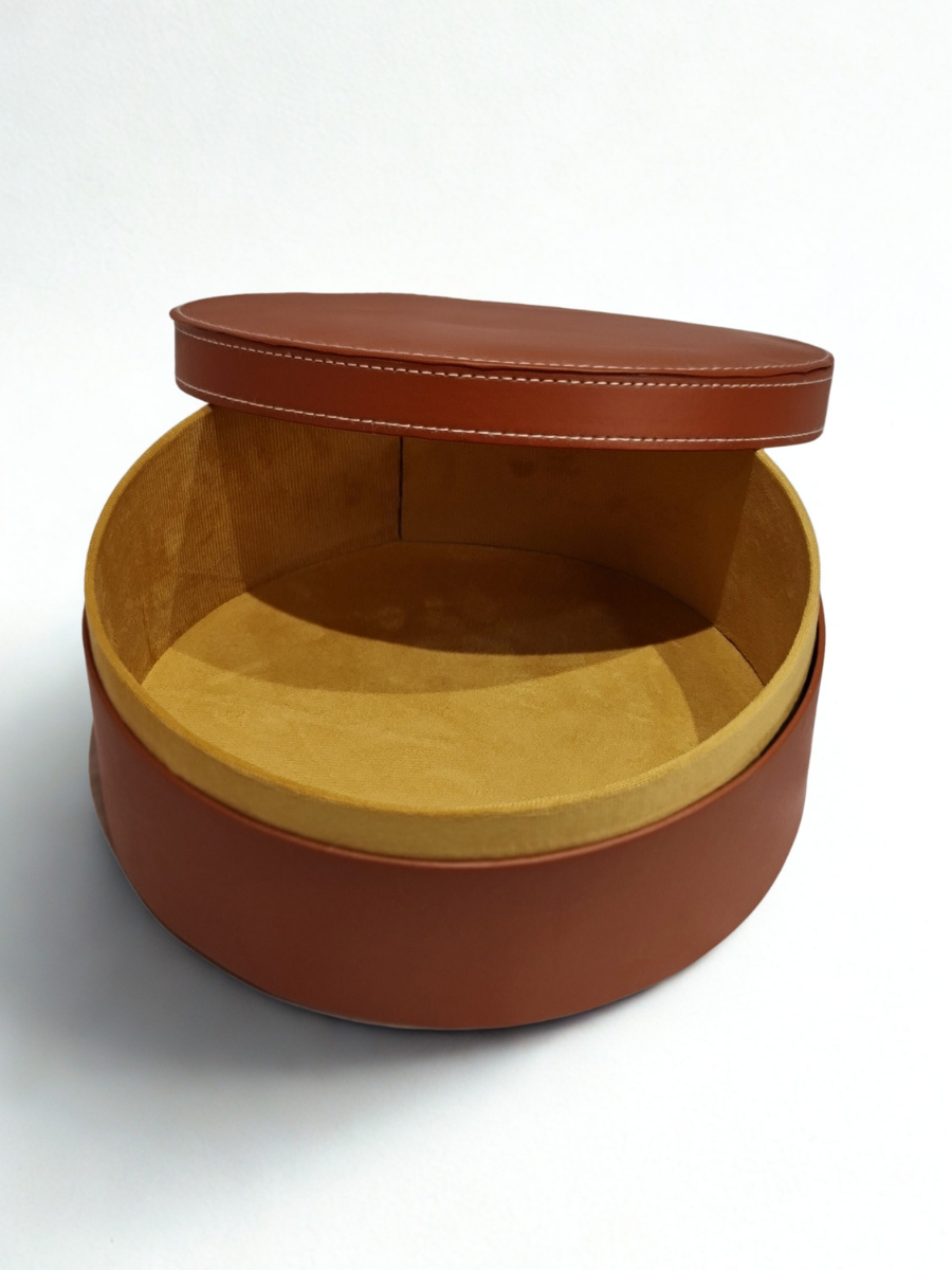 Cognac Round Multi-Purpose Storage Box with Lid - Faux Leather Finish