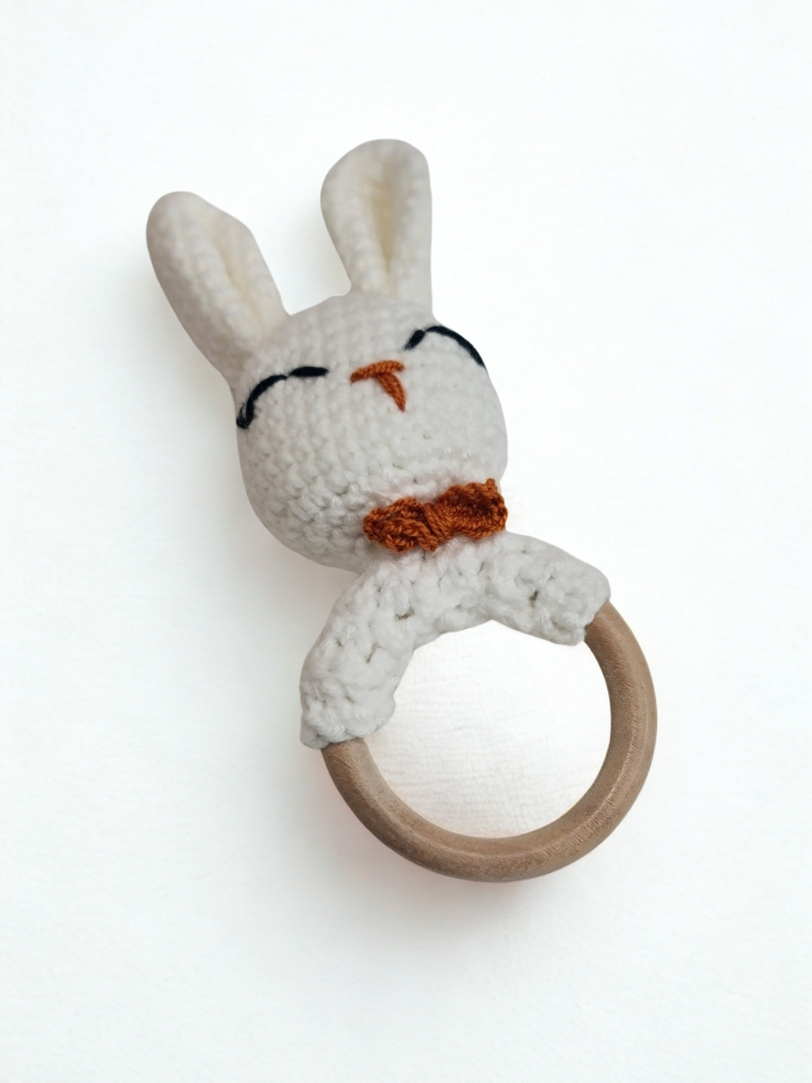 White Hand-Crocheted Bunny Baby Rattle