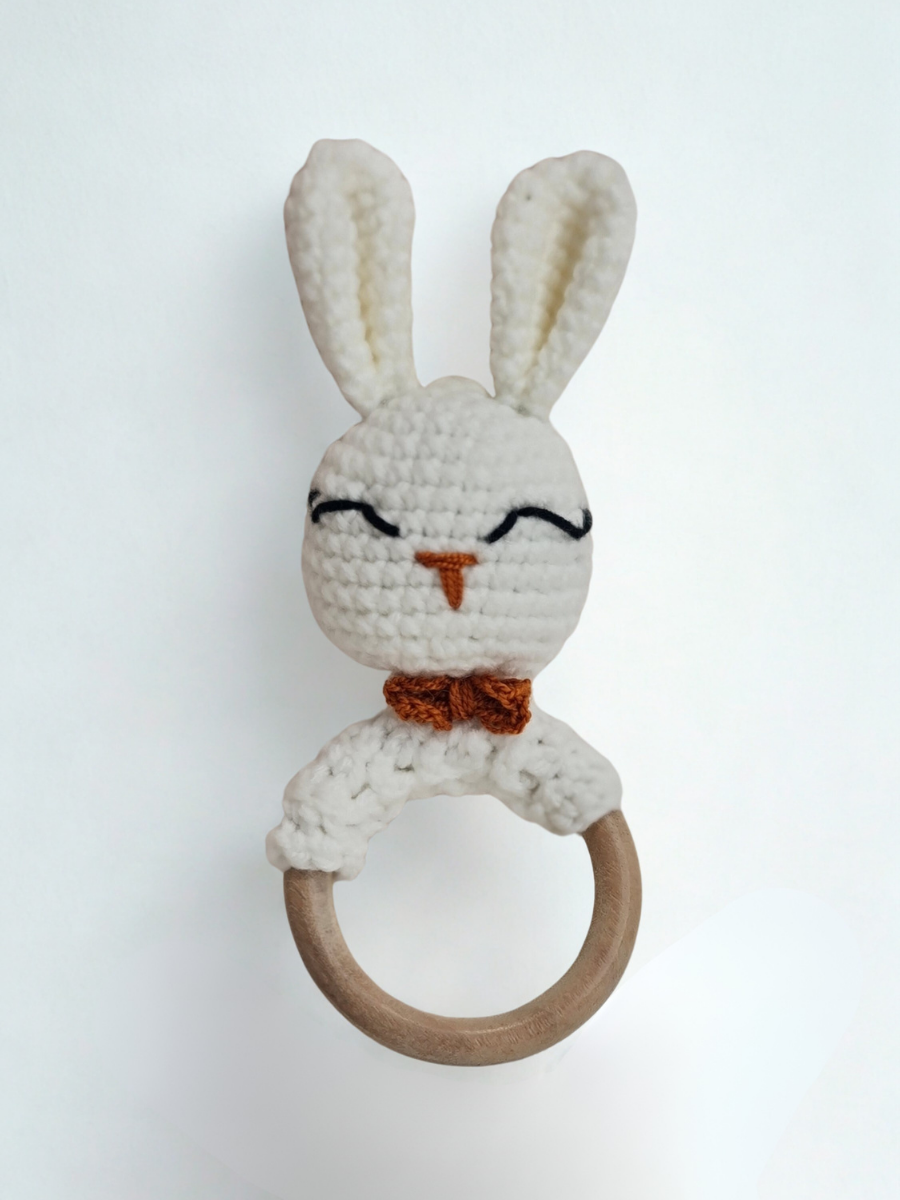 White Hand-Crocheted Bunny Baby Rattle