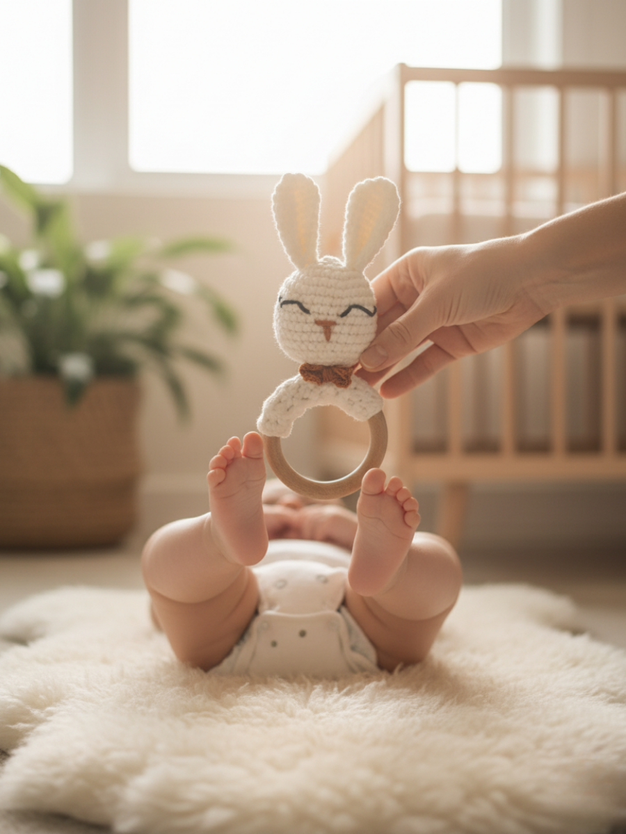 White Hand-Crocheted Bunny Baby Rattle