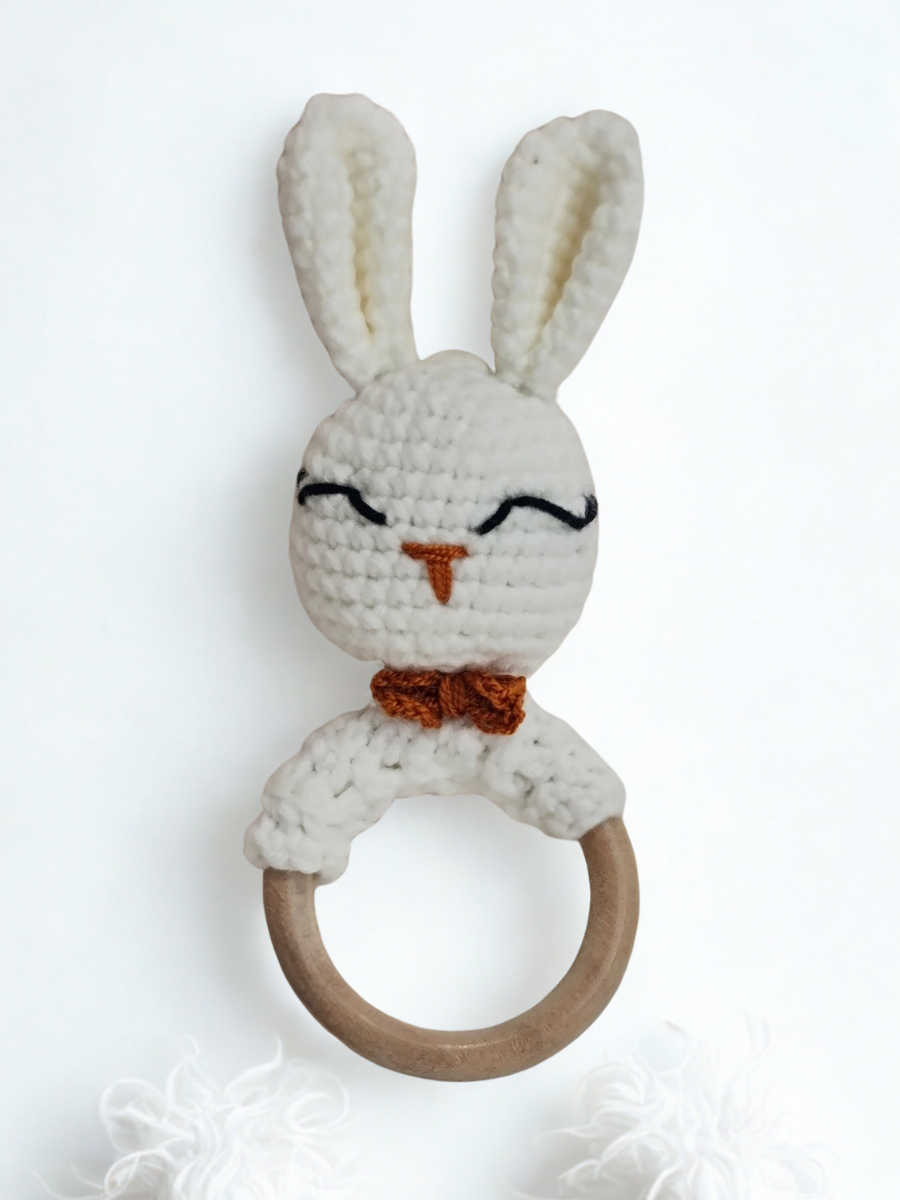 White Hand-Crocheted Bunny Baby Rattle