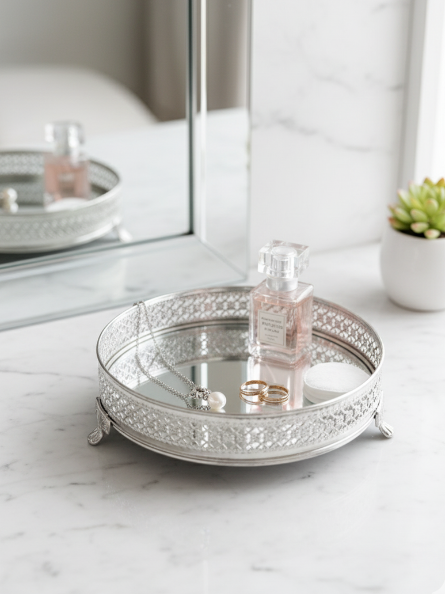 Elegant Silver Filigree Mirrored Tray