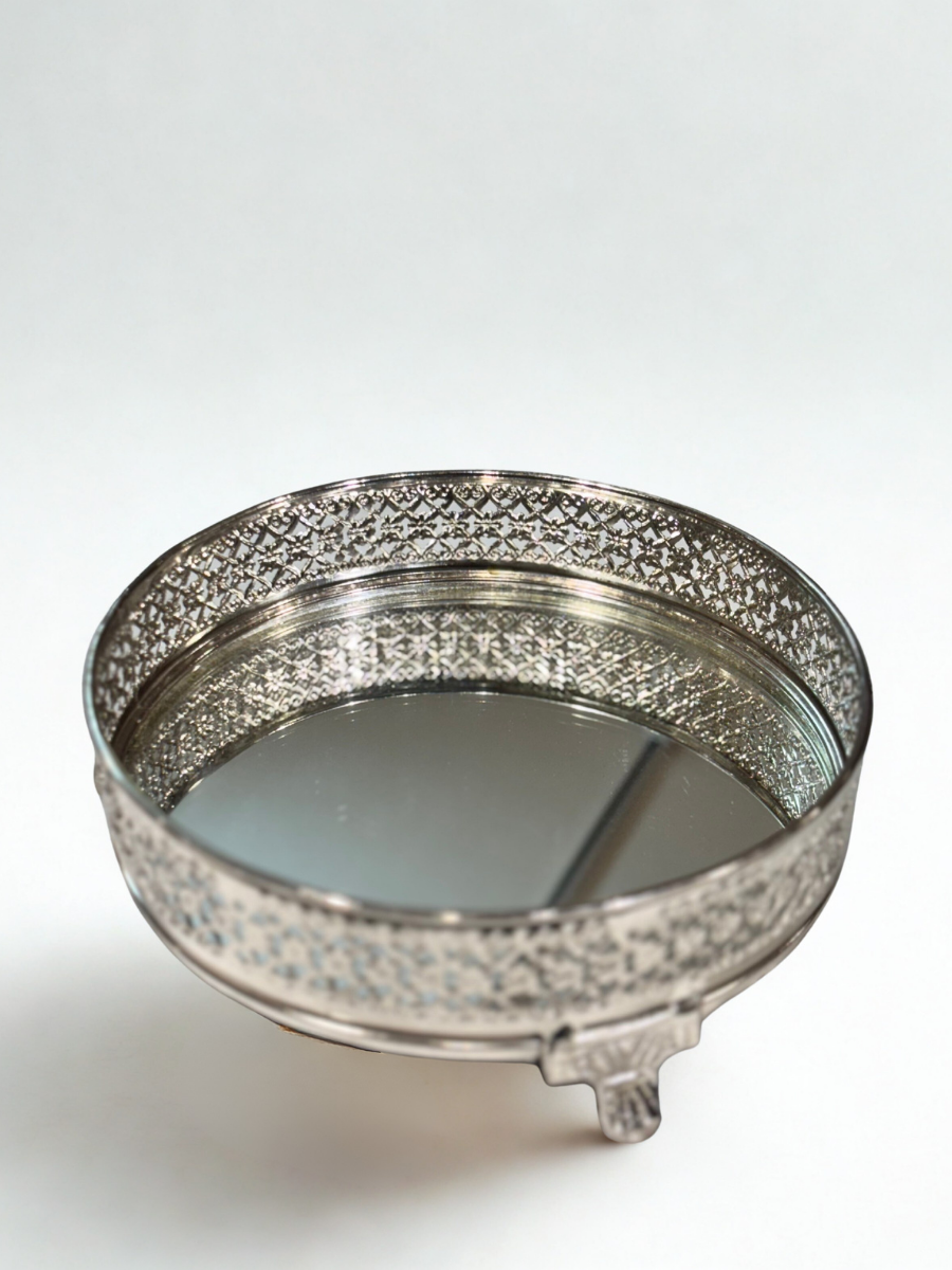 Elegant Silver Filigree Mirrored Tray
