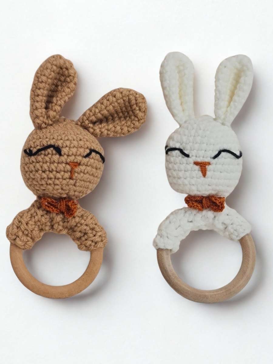 2-Pack Crocheted Bunny Wooden Ring Rattles