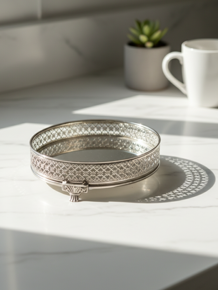 Elegant Silver Filigree Mirrored Tray