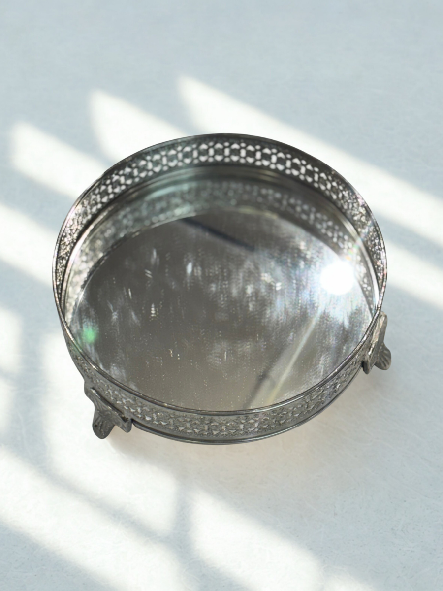 Elegant Silver Filigree Mirrored Tray
