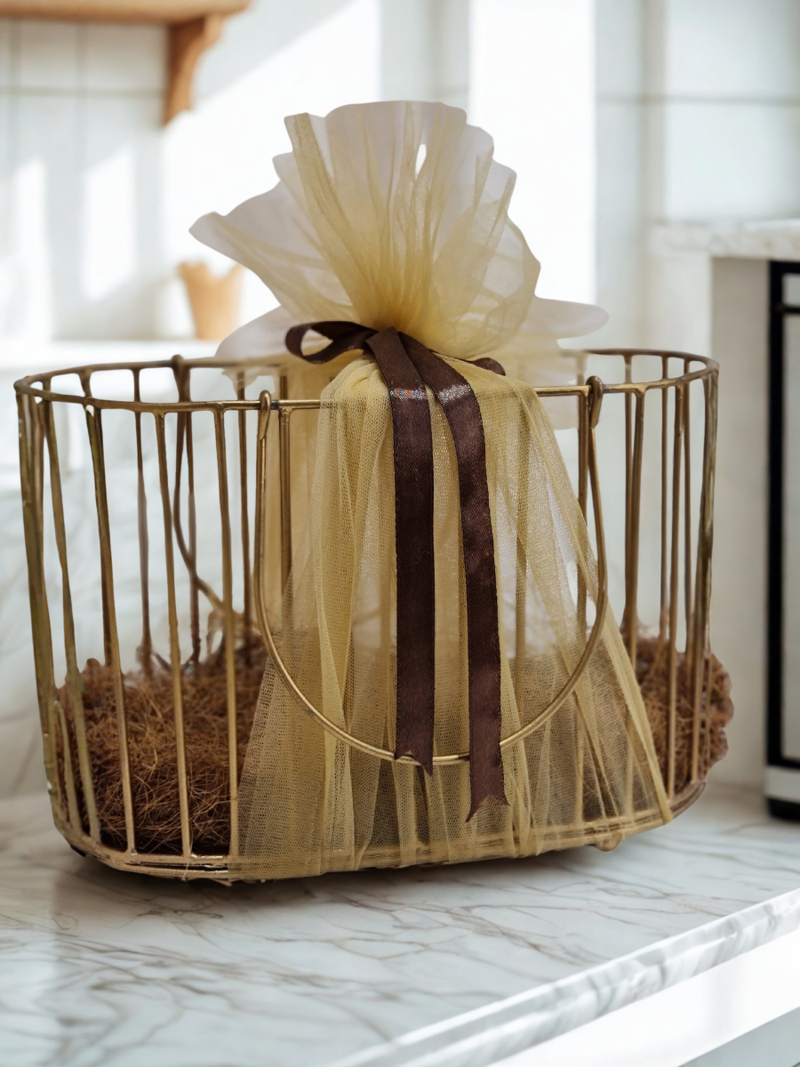 Golden Wire Basket & Premium Net Wrap Gift Hamper Kit (Cognac Ribbon Included)