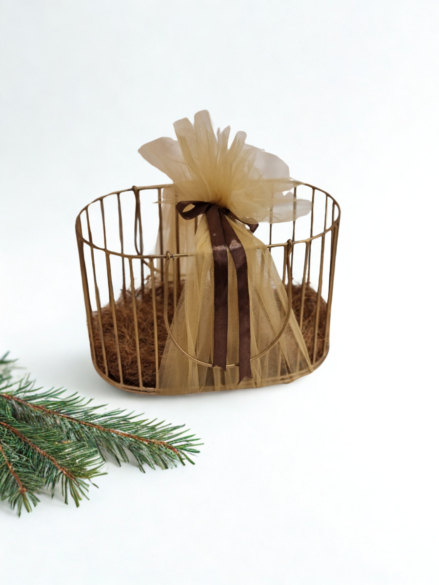 Golden Wire Basket & Premium Net Wrap Gift Hamper Kit (Cognac Ribbon Included)