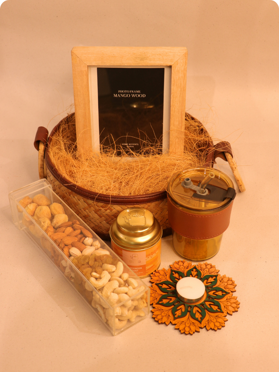 Decorative items including a wooden photo frame, basket, and small containers on a beige background