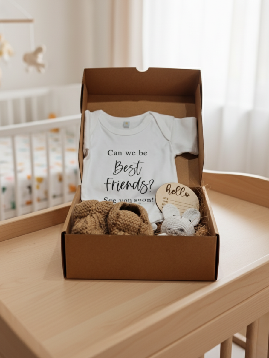 Pregnancy Announcement Gift Box – Baby Onesie, Booties, Rattle & Keepsake Magnet