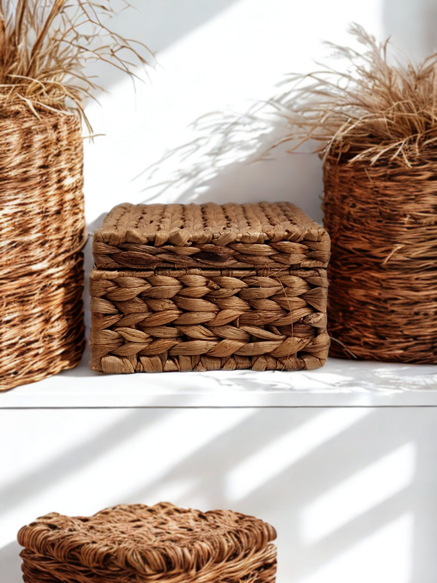 Handwoven Natural Grass Lidded Storage Gift Basket Box