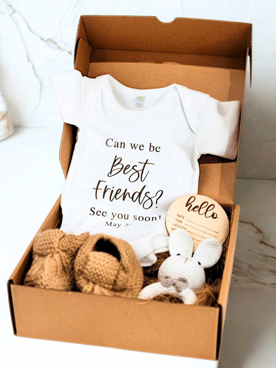 Pregnancy Announcement Gift Box – Baby Onesie, Booties, Rattle & Keepsake Magnet