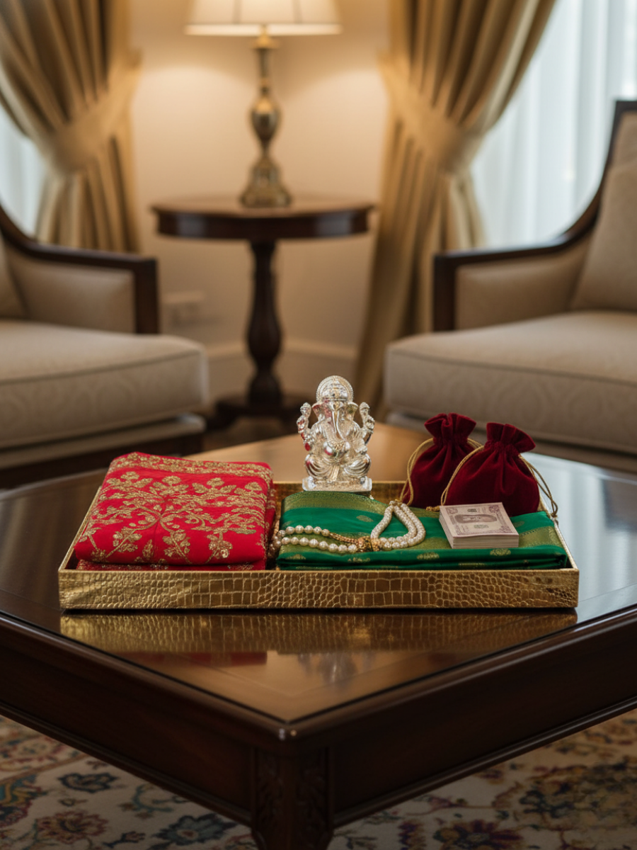 Luxurious Golden Leatherite Wedding Gift and Shagun Tray