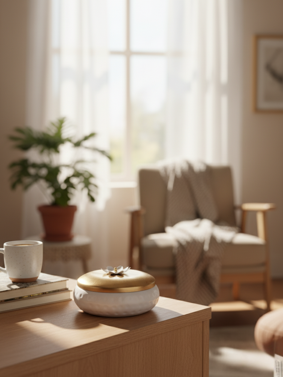 Thamboolam White & Gold Decorative Flower-Top Storage Jar with Decoration Kit