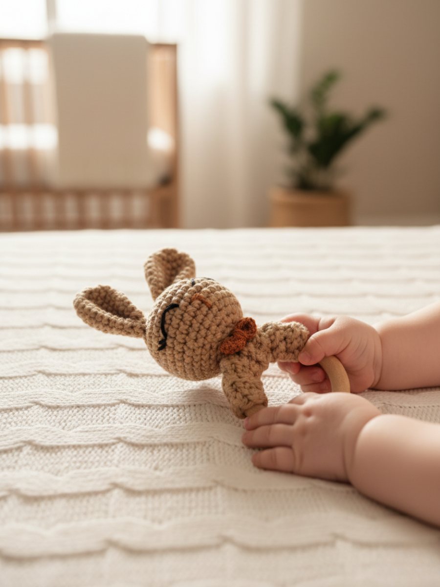 Brown Crochet Bunny Baby Rattle
