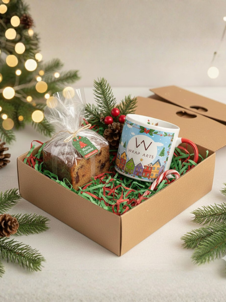 Gift box with a mug, fruit cake, and candy canes on a festive background