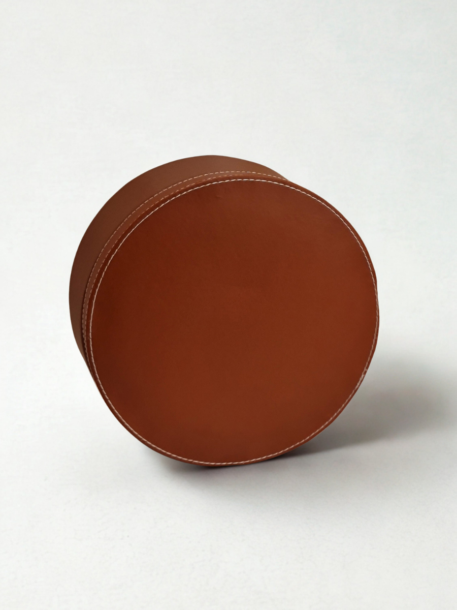 Cognac Round Multi-Purpose Storage Box with Lid - Faux Leather Finish